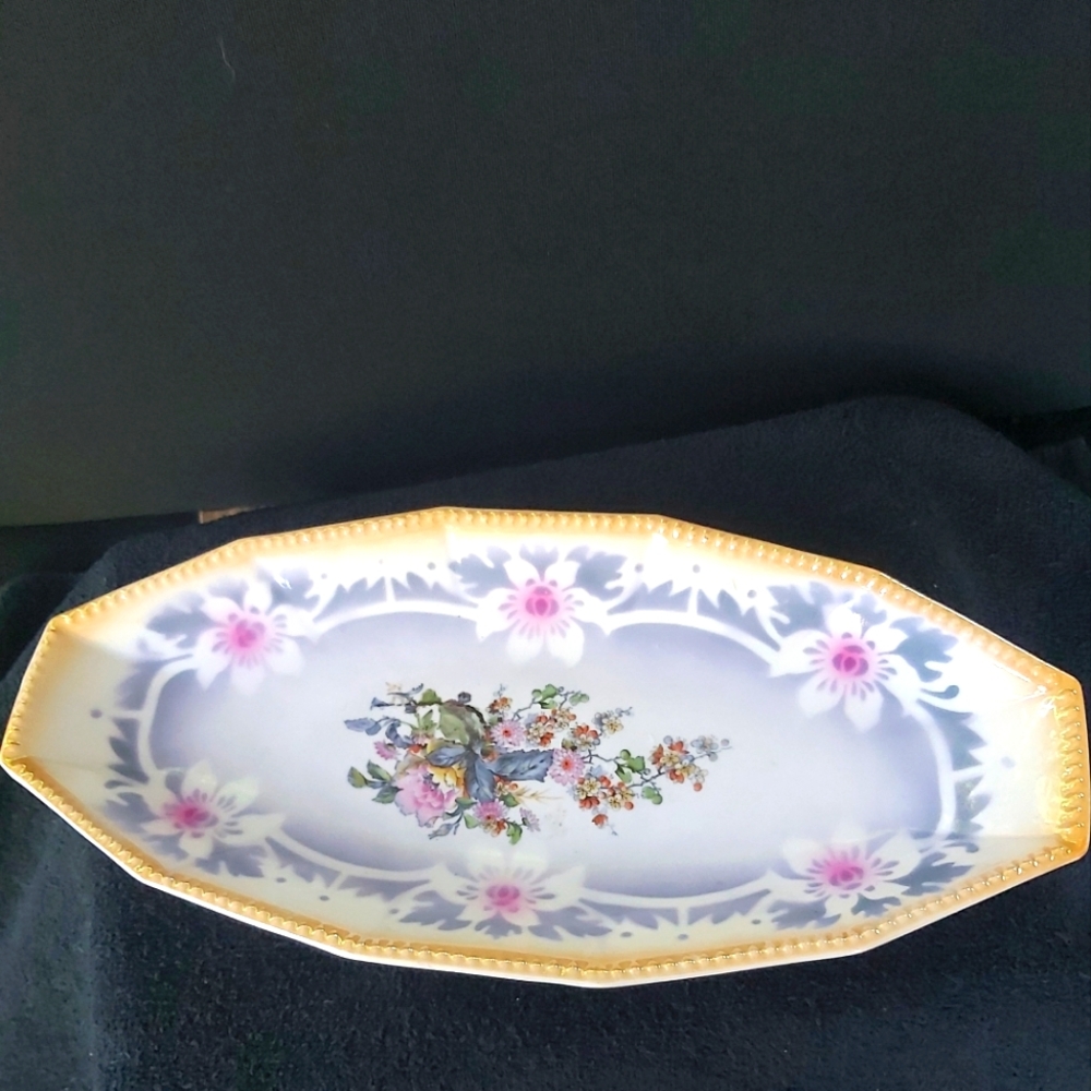 Vintage Oval Celery Serving Plate Purple Flowers Porcelain Trinket Dish Germany